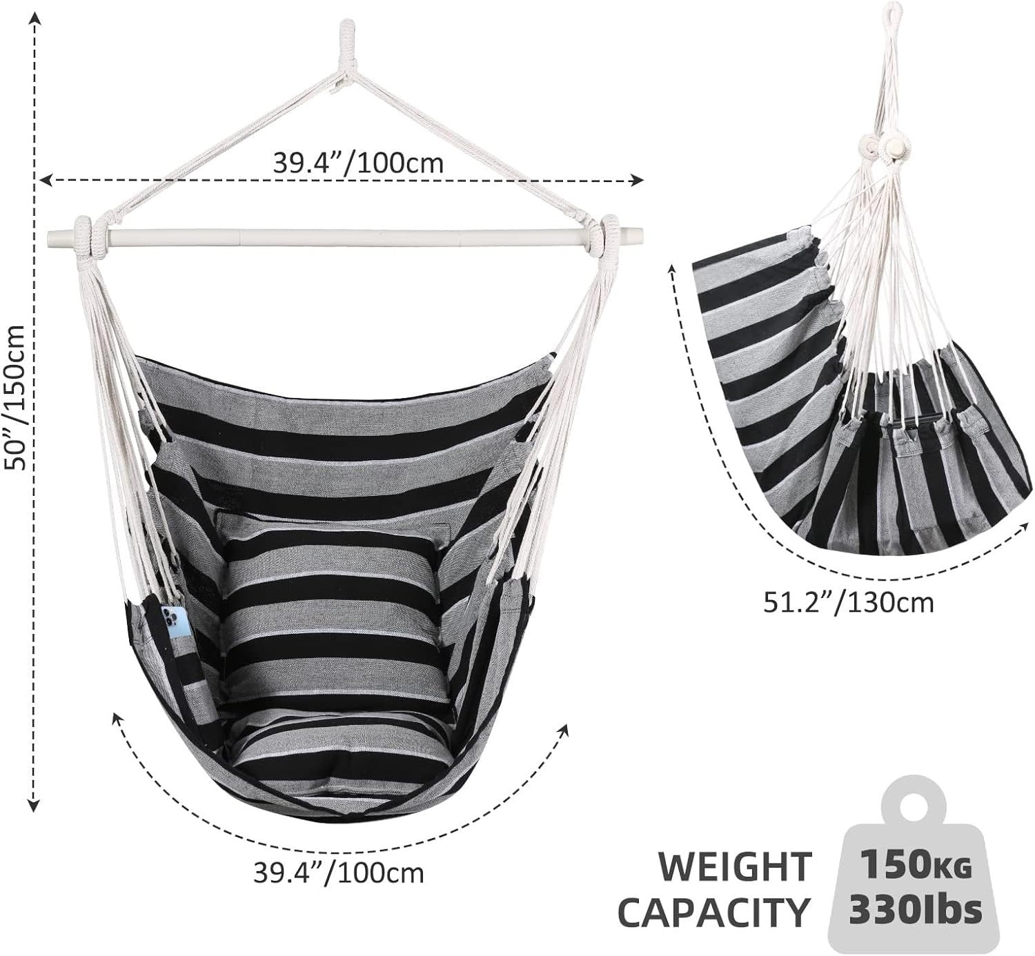 Hammock Chair Swing w/ Cushions & Bar | Indoor Outdoor 330lbs Max Support