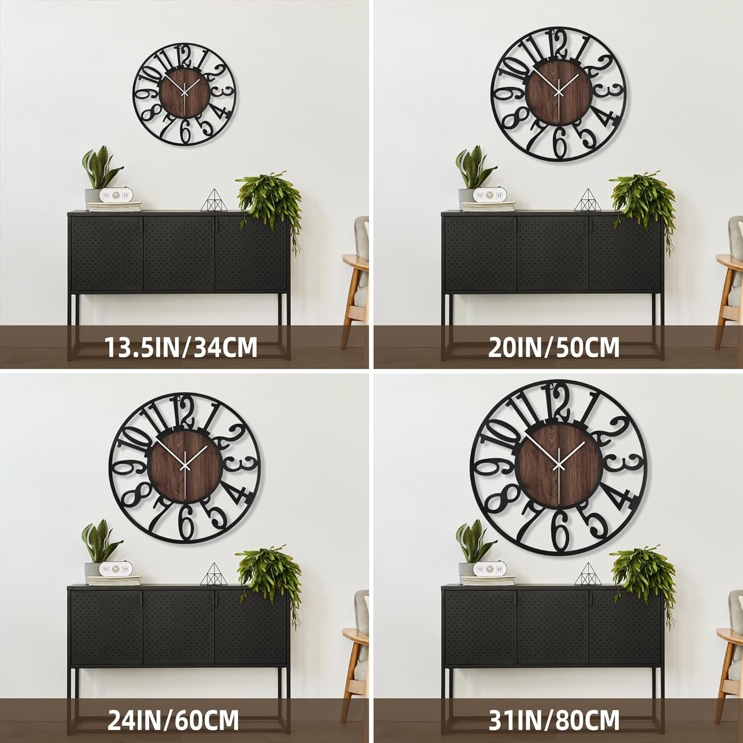 Large 34cm Silent Wall Clock Modern Rustic Metal Wood Arabic Number Decor