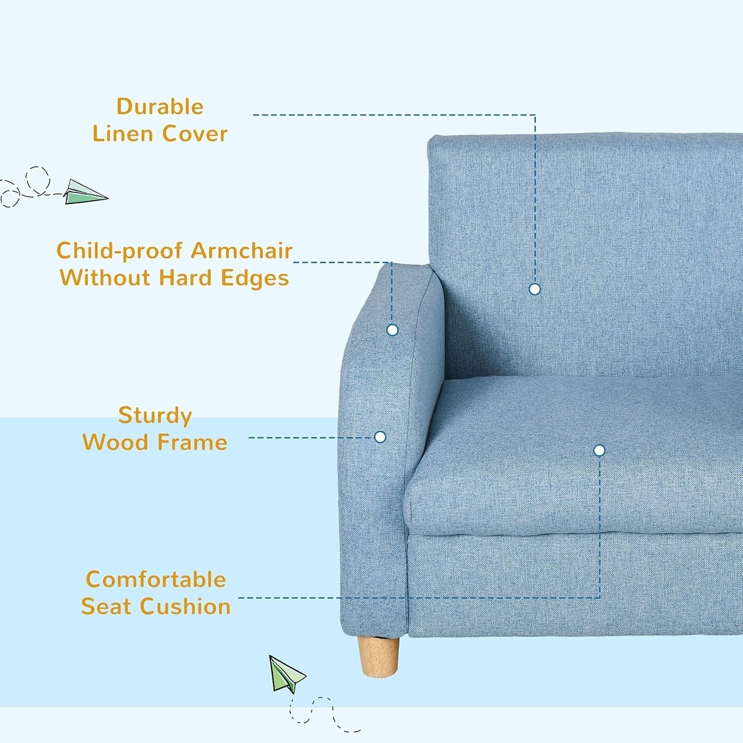 Toddler Armchair Sofa Kids Chair Wooden Frame Blue Seat for Playroom
