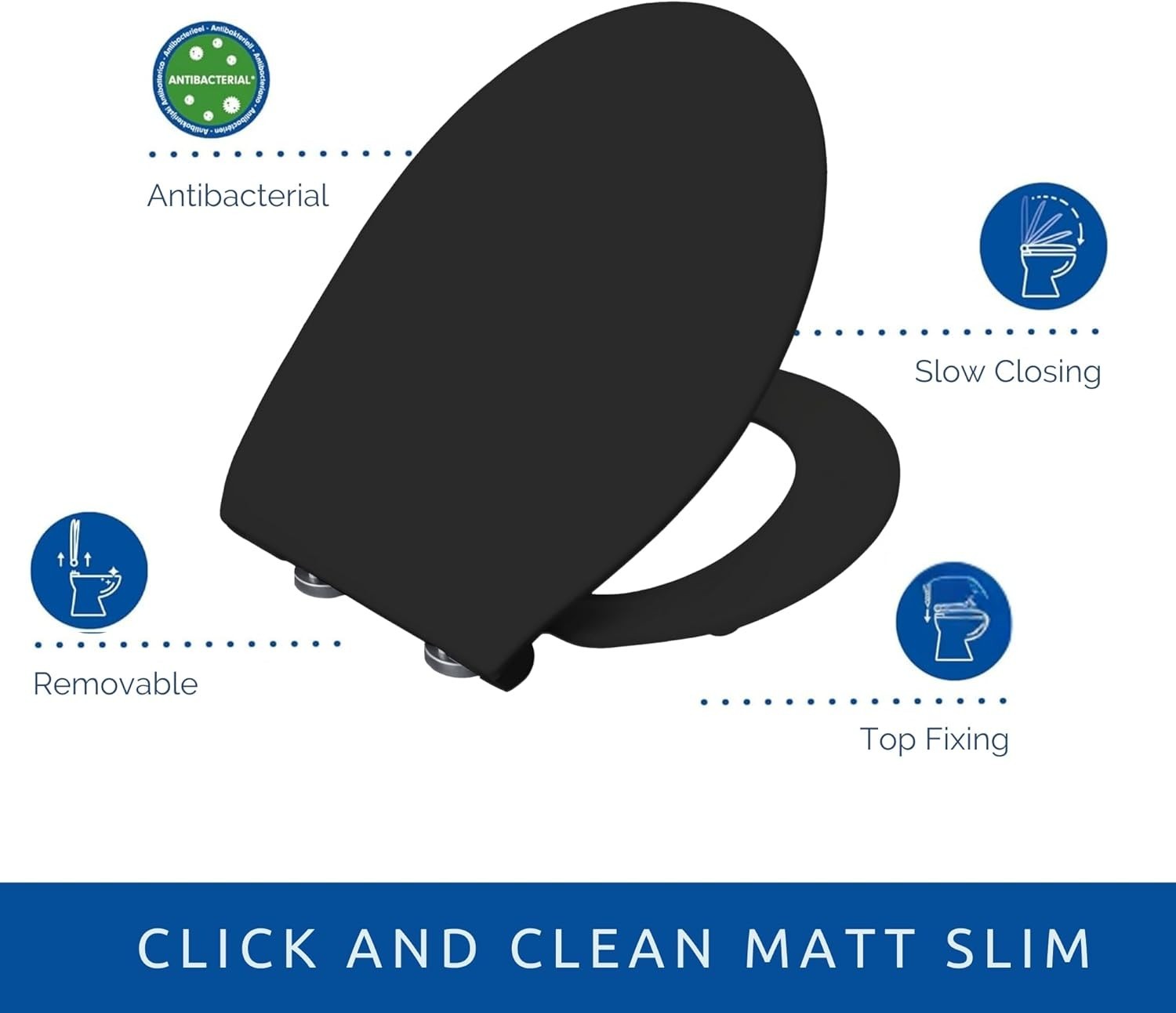Slim Soft Close Toilet Seat Matt Black Antibacterial Click & Clean