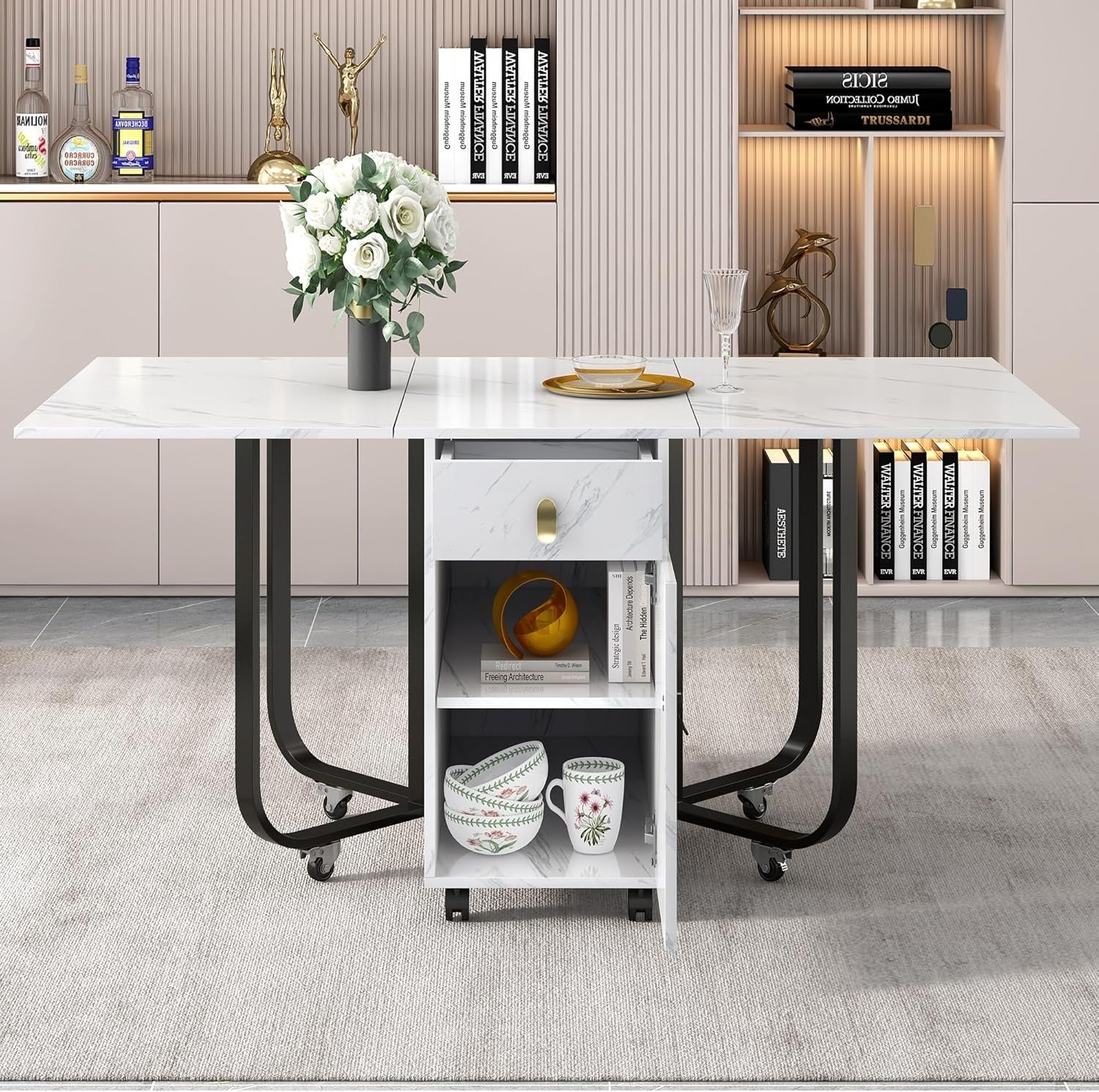 Folding Drop Leaf Dining Table with Storage Cupboard & Drawers Space Saving