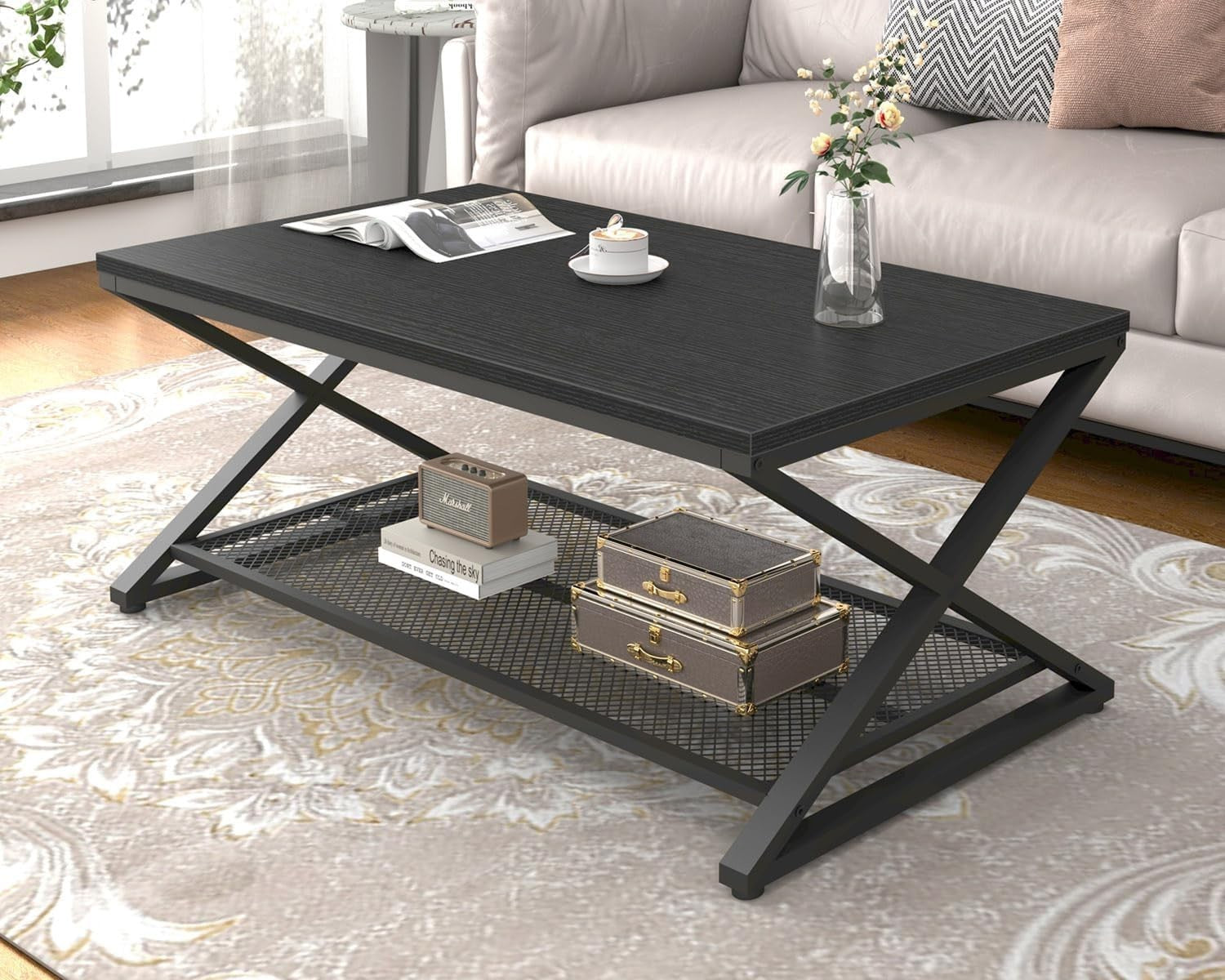Modern Black Coffee Table with Shelf, 2-Tier Metal Frame, 100x60cm
