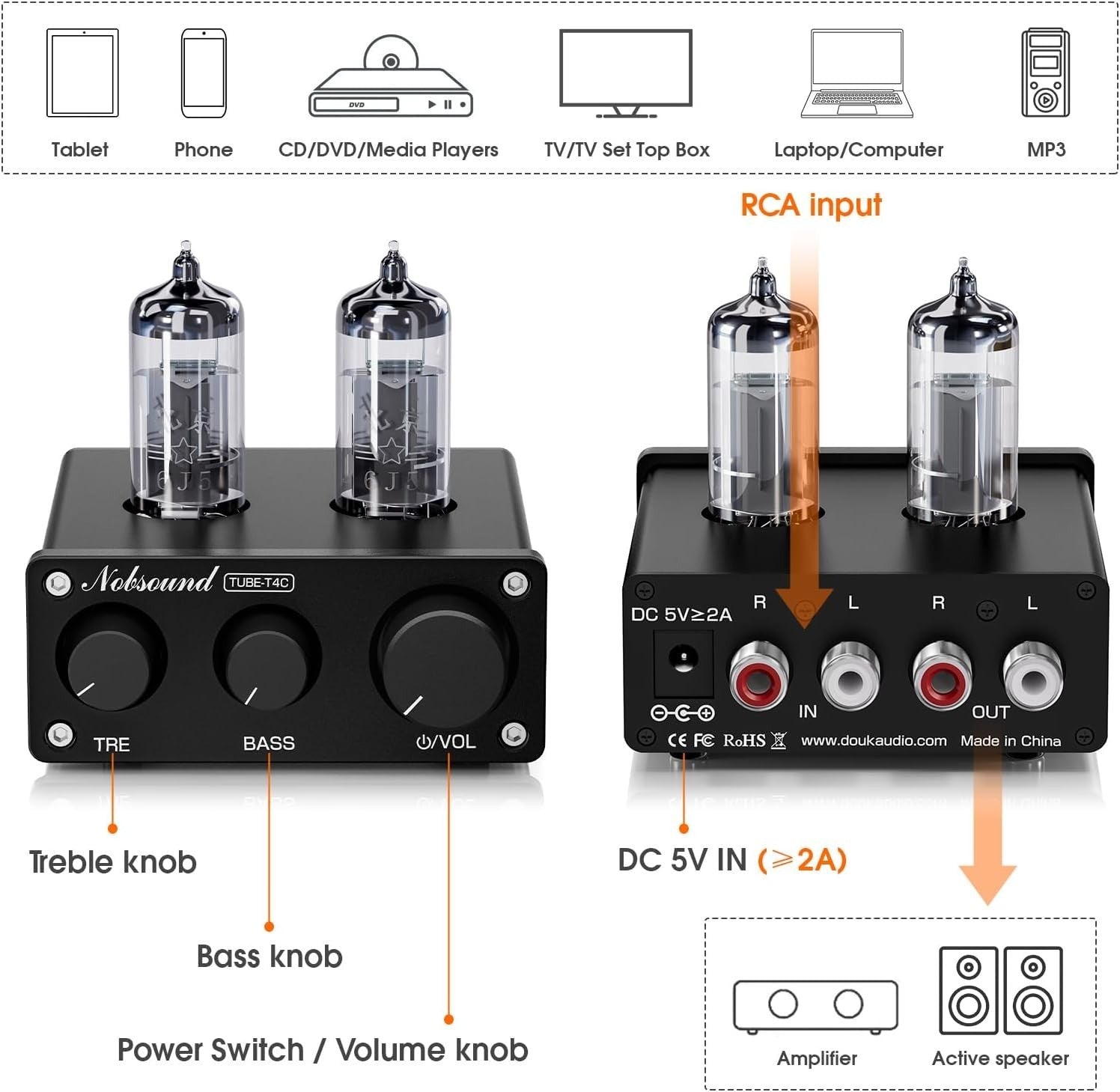 Mini Tube Preamp Class A Stereo Audio Amplifier Bass Treble Control