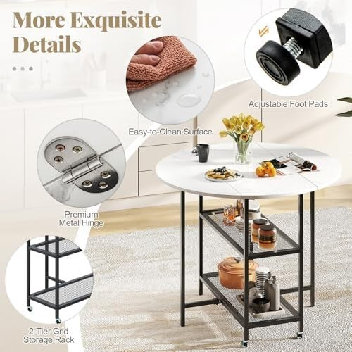 Folding Dining Table with Wheels & Storage Shelves Black + White