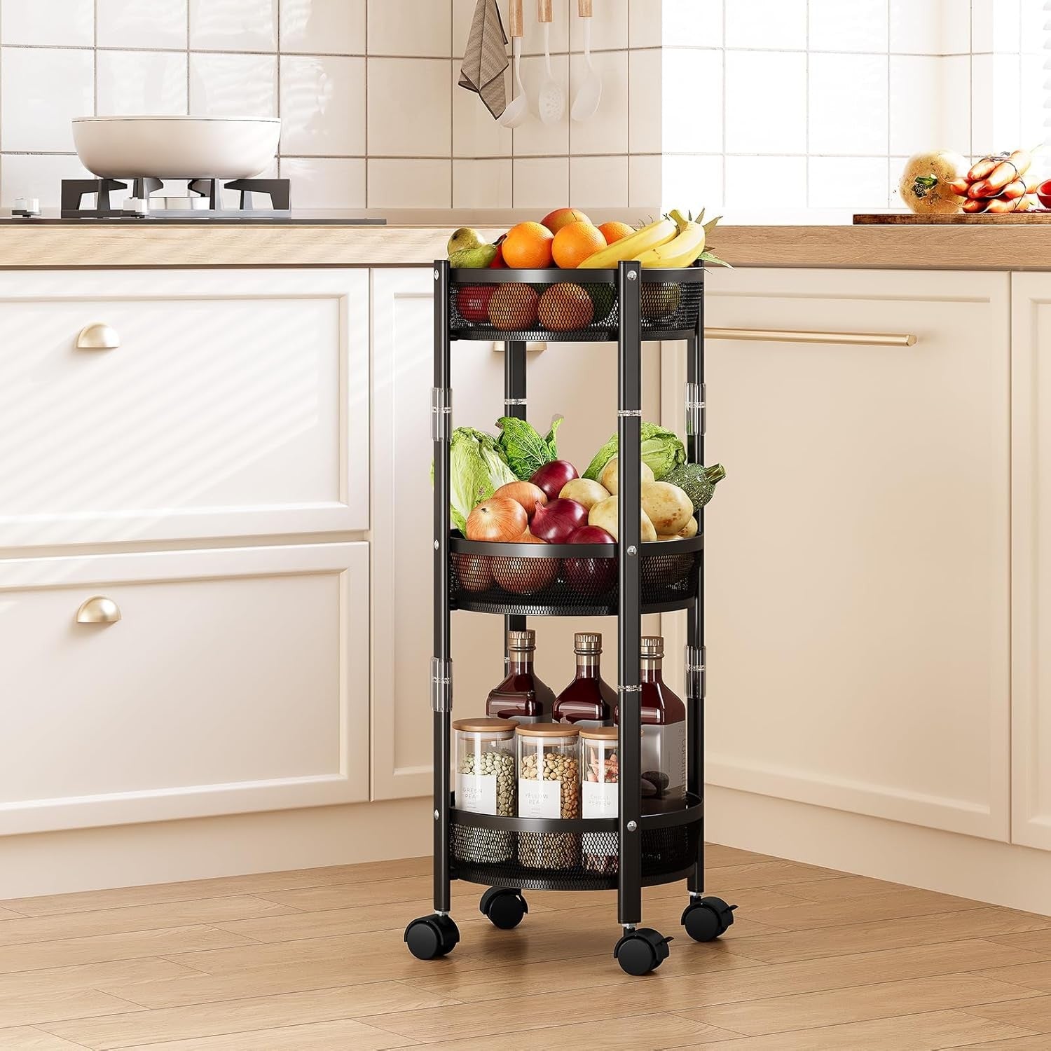 3 Tier Foldable Rolling Storage Cart Metal Trolley Lockable Wheels