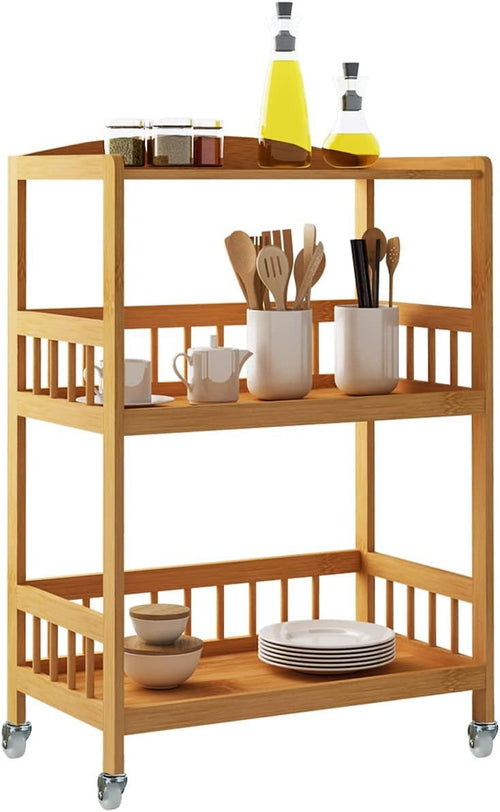 Bamboo Kitchen Serving Trolley 3 Tier Rolling Storage Cart Wheels