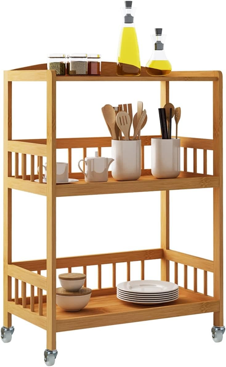 Bamboo Kitchen Serving Trolley 3 Tier Rolling Storage Cart Wheels