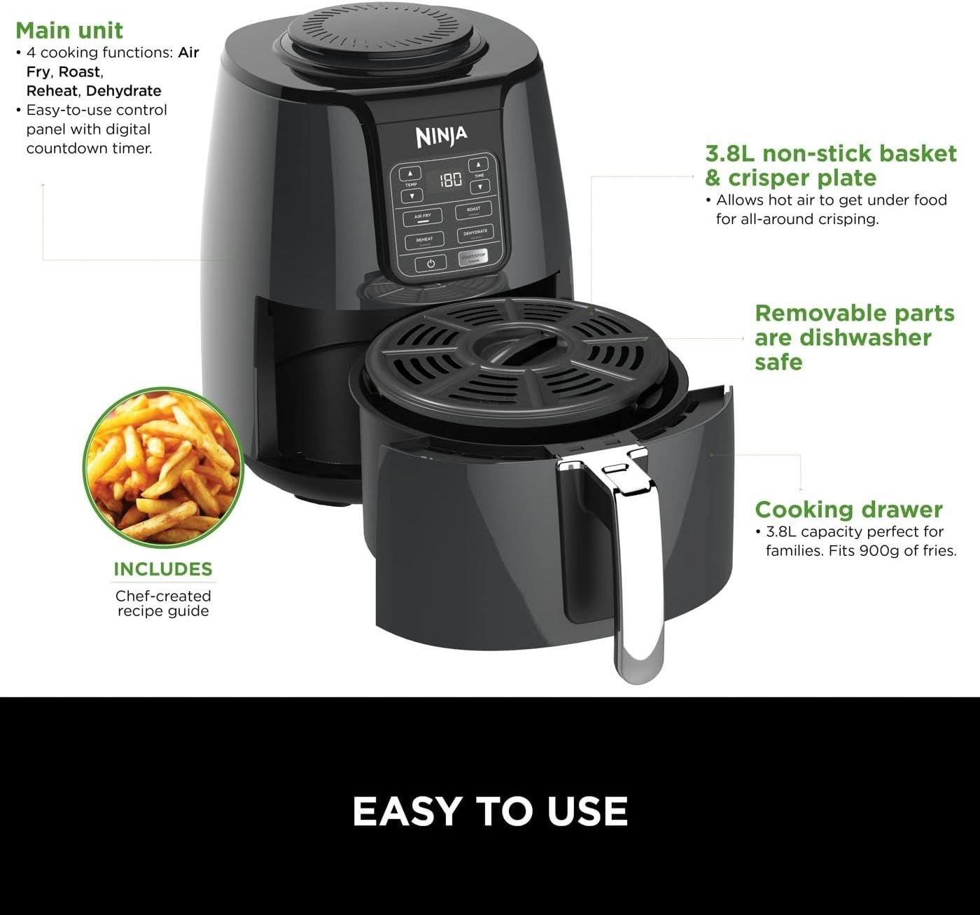 Compact 3.8L Air Fryer 4-in-1 | No-Oil Healthy Cooker Fast Heating Non-Stick