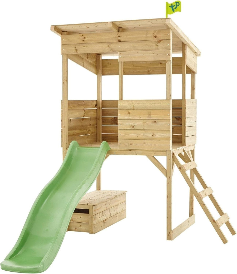 Wooden Tower Kids Playhouse Outdoor w Slide Ladder Toy Box Garden