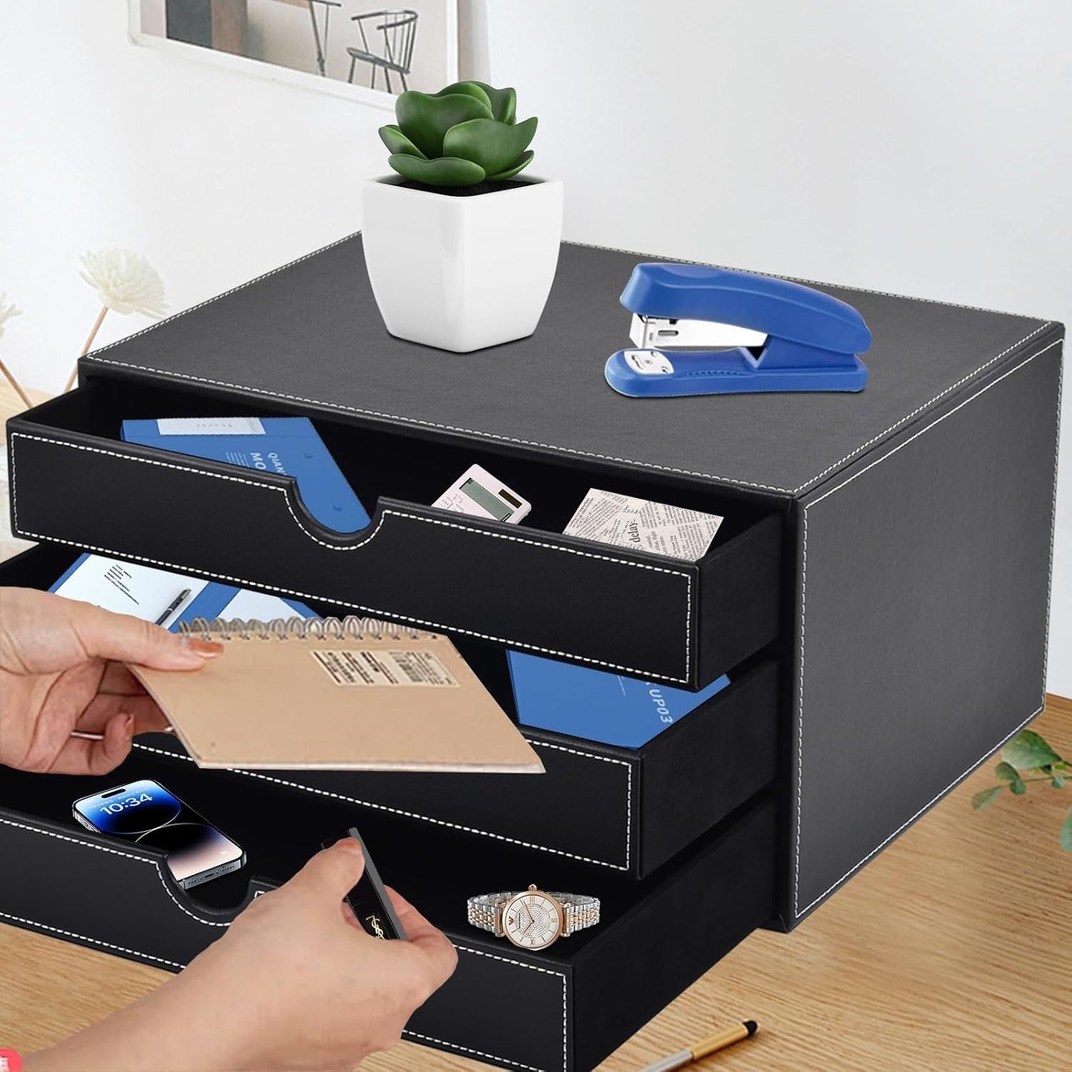 PU Leather Desk Organizer with 3 Drawers – Office & Home Storage Box