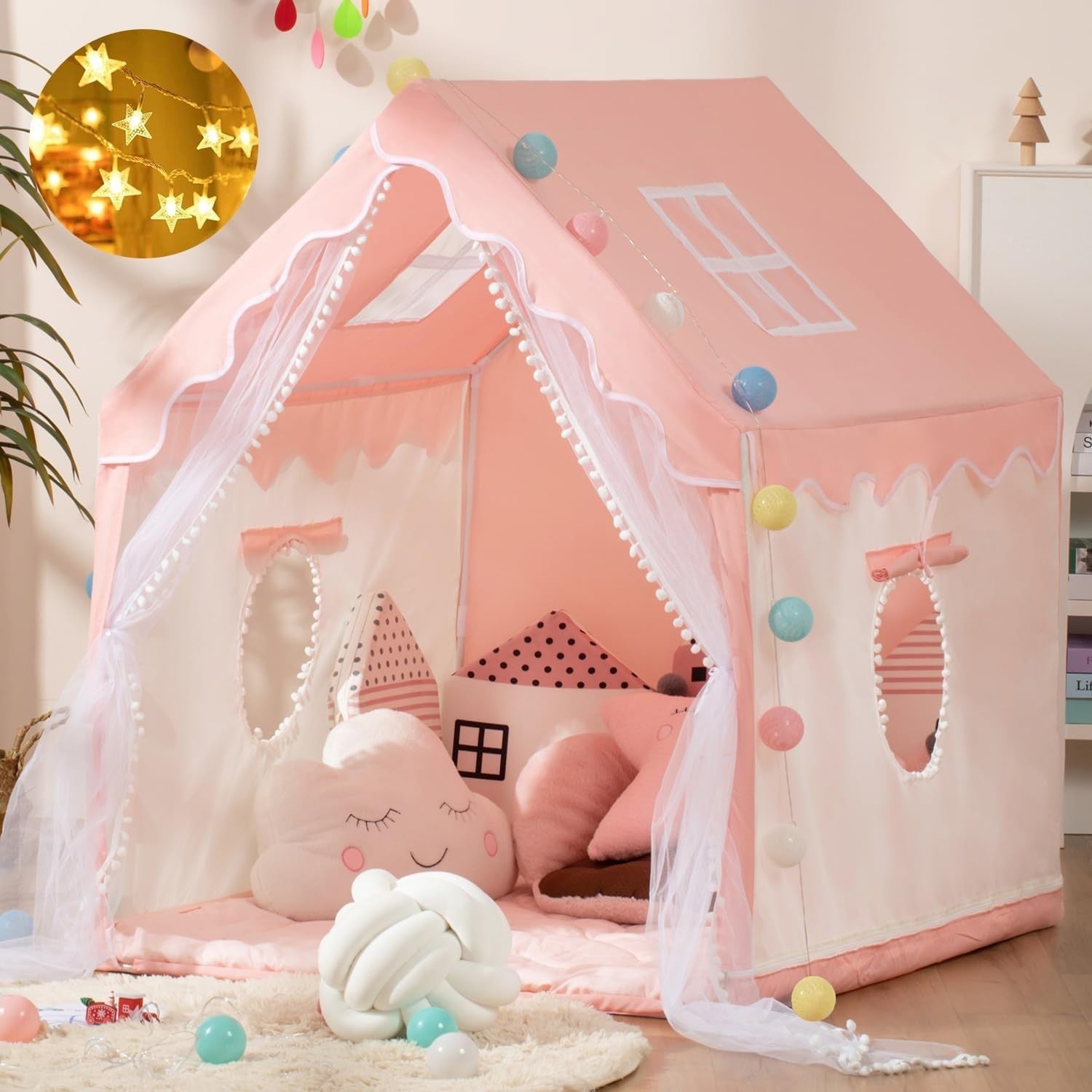 Kids Princess Play Tent with Star Lights Indoor Outdoor Large Playhouse