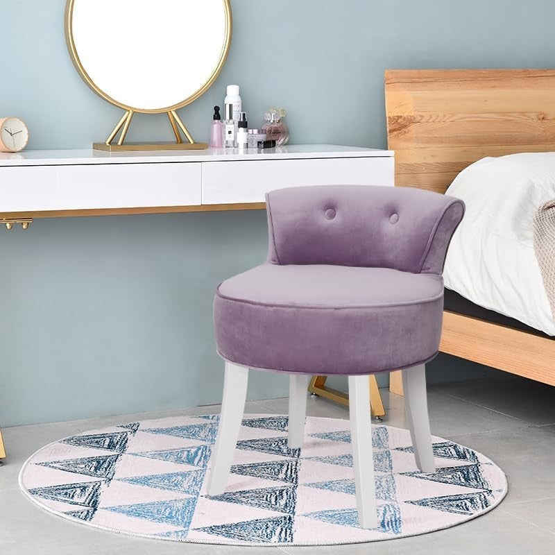Purple Velvet Dressing Table Stool with Tufted Back & Solid Wood Legs