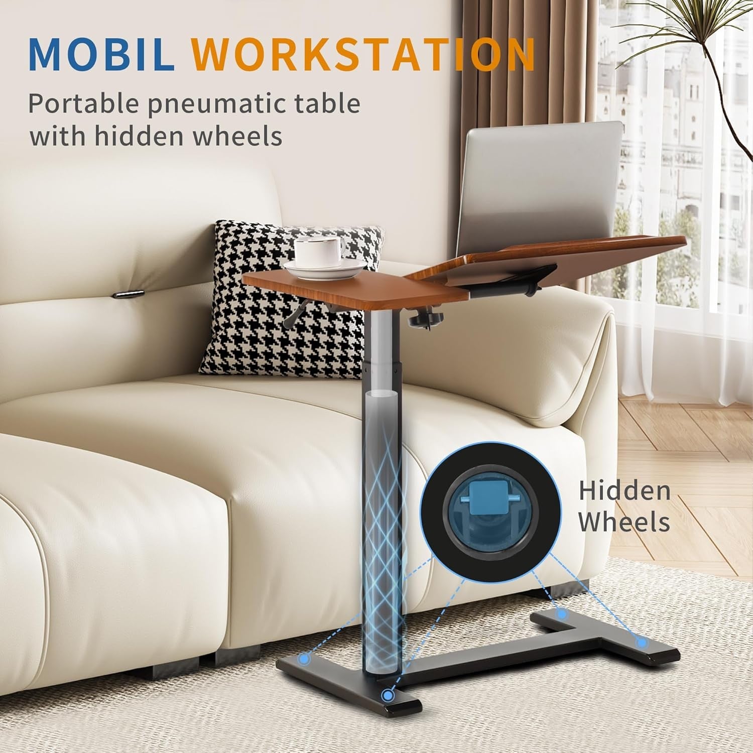 Walnut Overbed Laptop Table Adjustable Height Tilting Top Rolling Stand