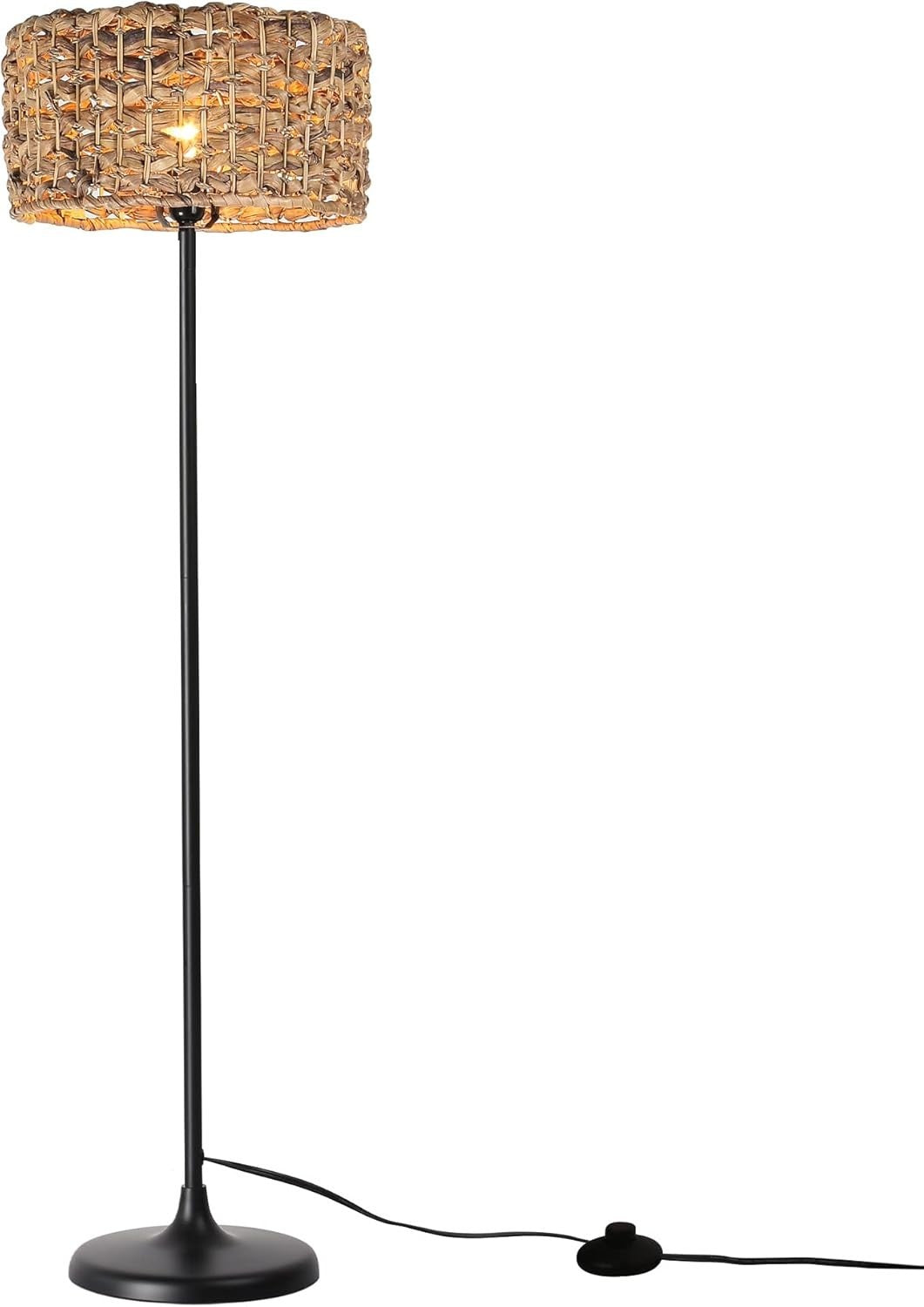 Industrial Boho Rattan Floor Lamp with Bamboo Shade & Foot Switch, 150cm