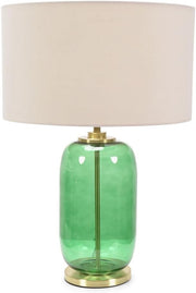 Forest Green Glass Table Lamp Gold Detail Natural Drum Shade LED Light