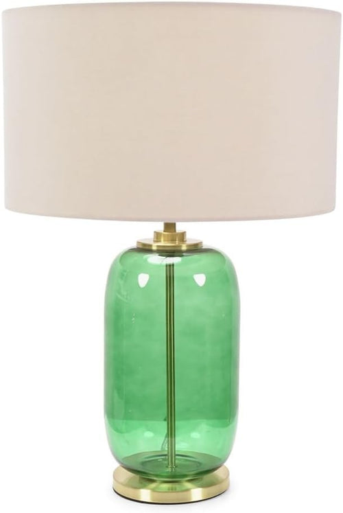 Forest Green Glass Table Lamp Gold Detail Natural Drum Shade LED Light