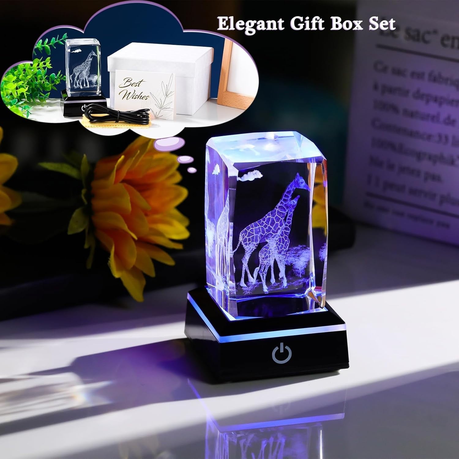 3D Crystal Giraffe Ornament LED Light • Mother & Baby Keepsake Animal Gift Decor