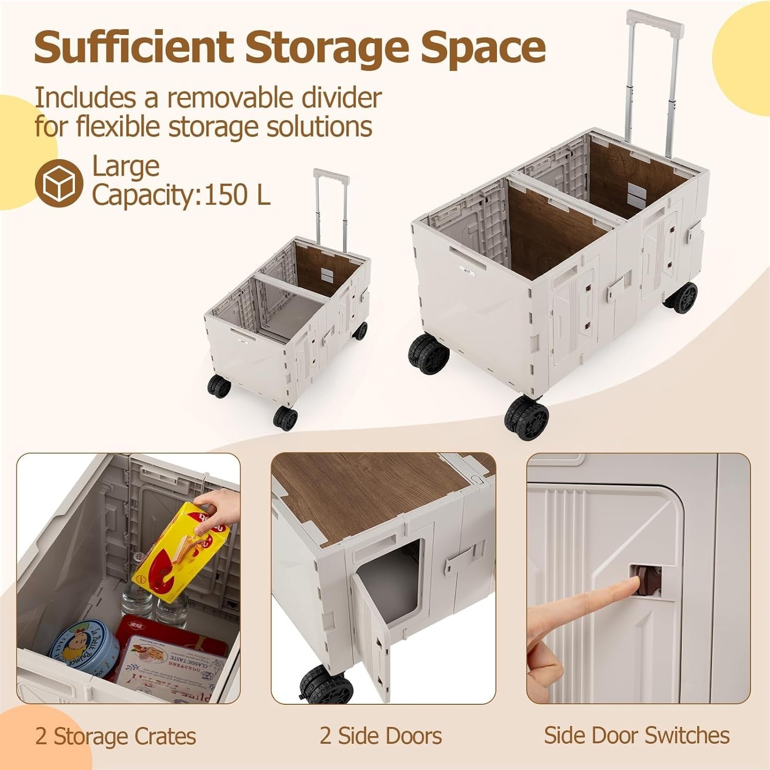 White 150L Folding Shopping Trolley Collapsible Wagon Cart w/ Telescopic Handle
