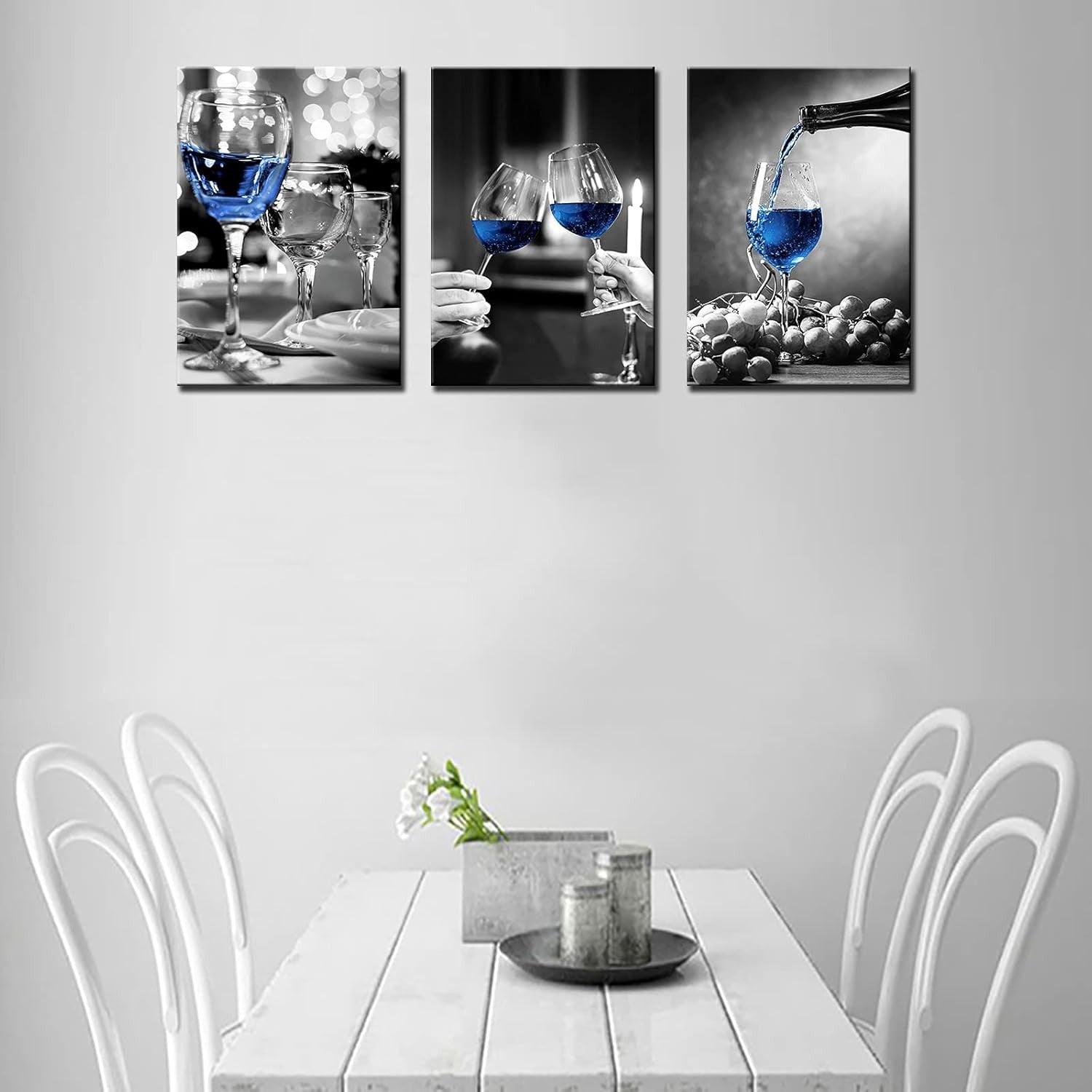 Blue Wine Glass Canvas Wall Art Set of 3 Framed 42x20 Inch