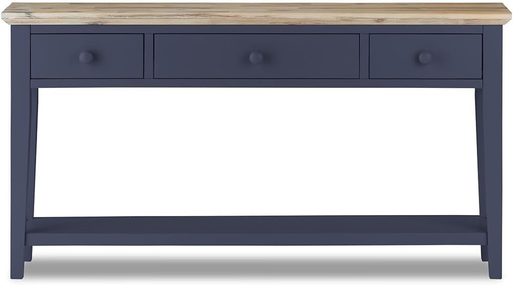 Navy Blue Console Table with Drawers & Shelf, Acacia Top, 143cm Wide