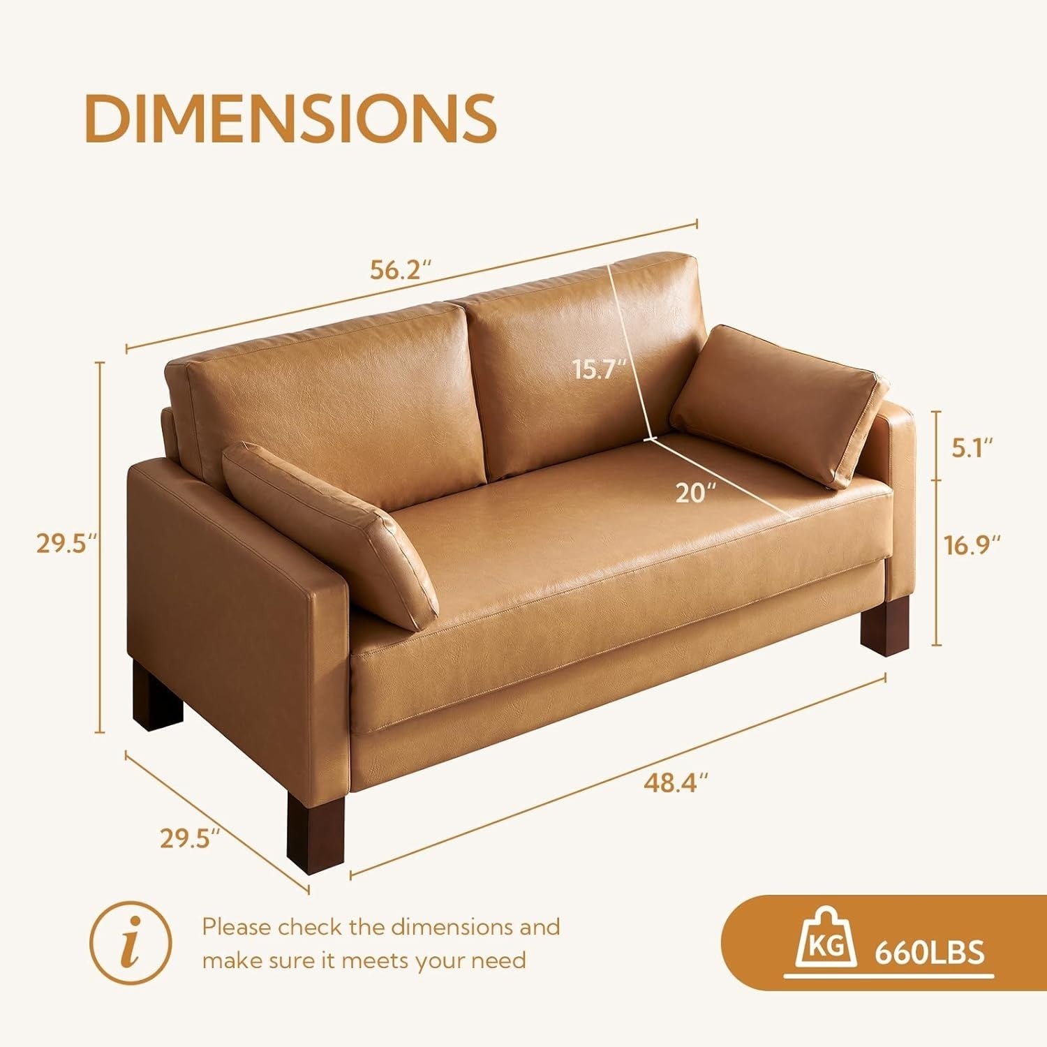 Leather Loveseat Sofa 2-3 Seater Leather Tan Modern Couch for Lounge or Office