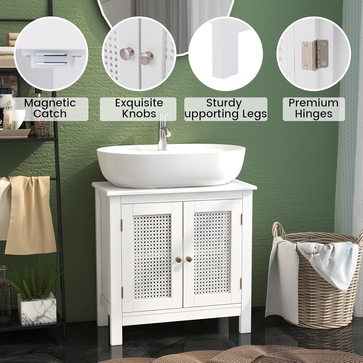 White Under Sink Bathroom Cabinet with Rattan Doors Storage Unit 60x30x60cm