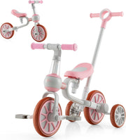 4 in 1 Kids Trike Balance Bike Push Tricycle Adjustable Handle Pink