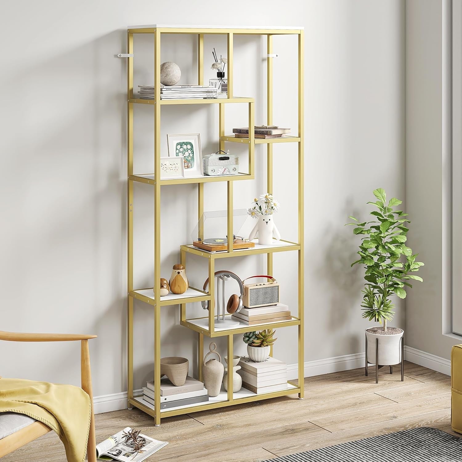 7-Tier Gold Geometric Bookcase | Modern Display Shelf Unit for Living Room & Off