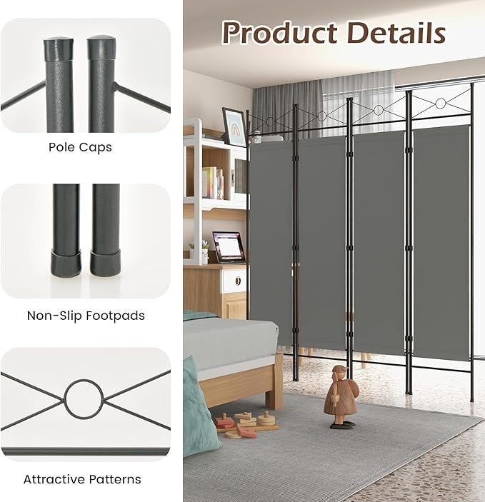 Grey 4 Panel Folding Room Divider – Freestanding Privacy Screen with Removable