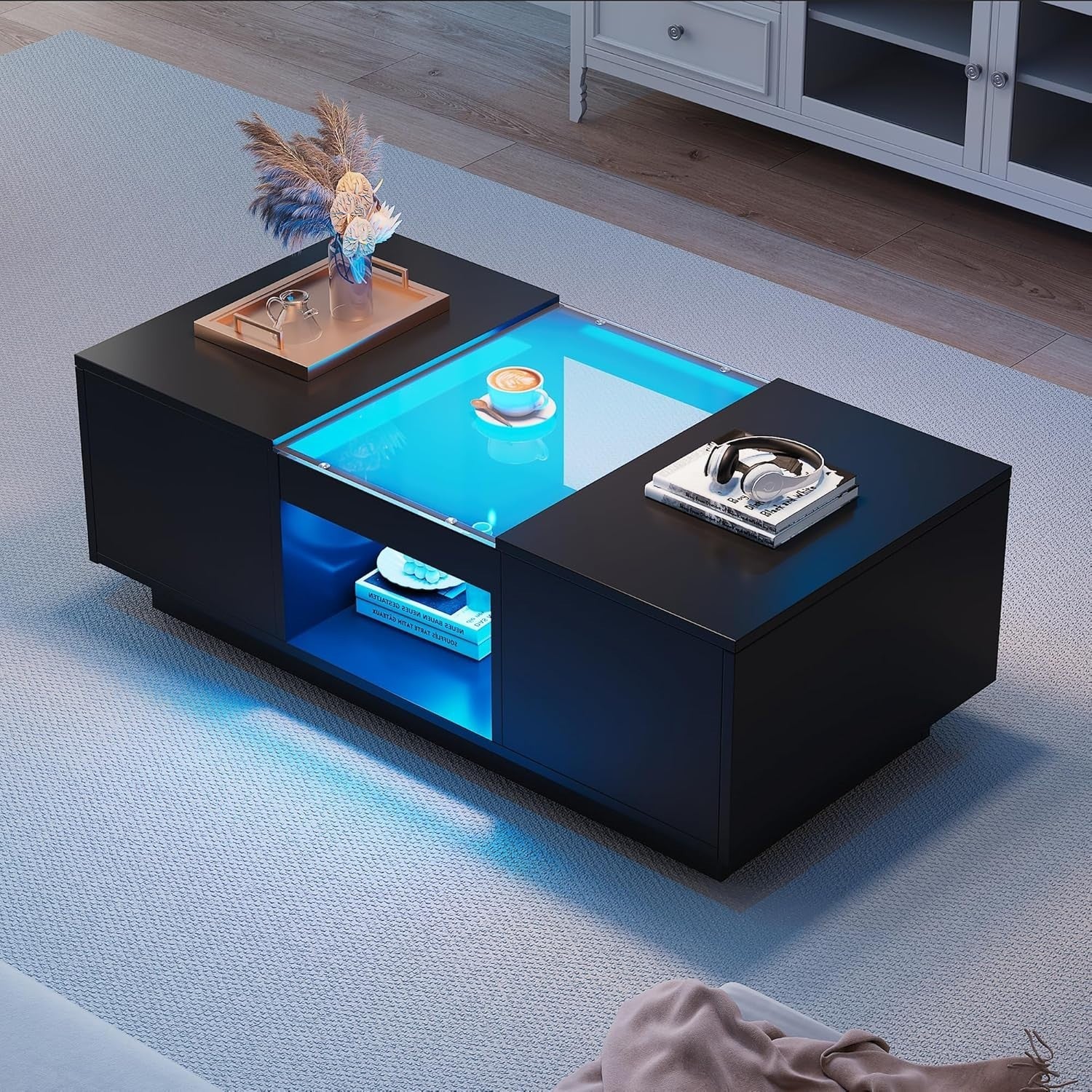 LED Coffee Table with Storage & 2 Drawers – Modern Tempered Glass, RGB Lights