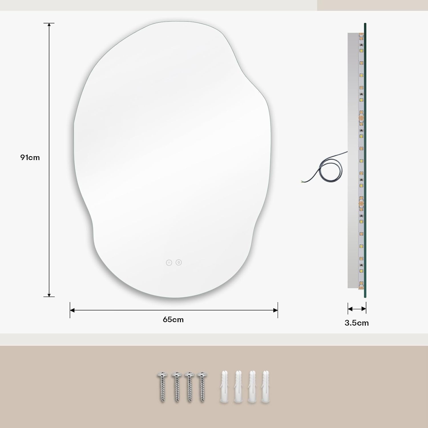 LED Bathroom Mirror 910x650mm Anti-Fog Asymmetric Backlit 3-Color