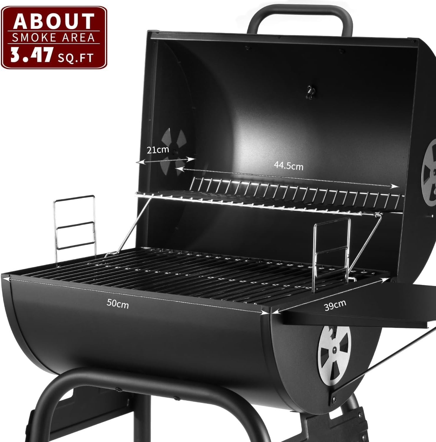 Charcoal BBQ Grill Smoker Outdoor | 2-in-1 Barrel Barbecue | Side Shelves