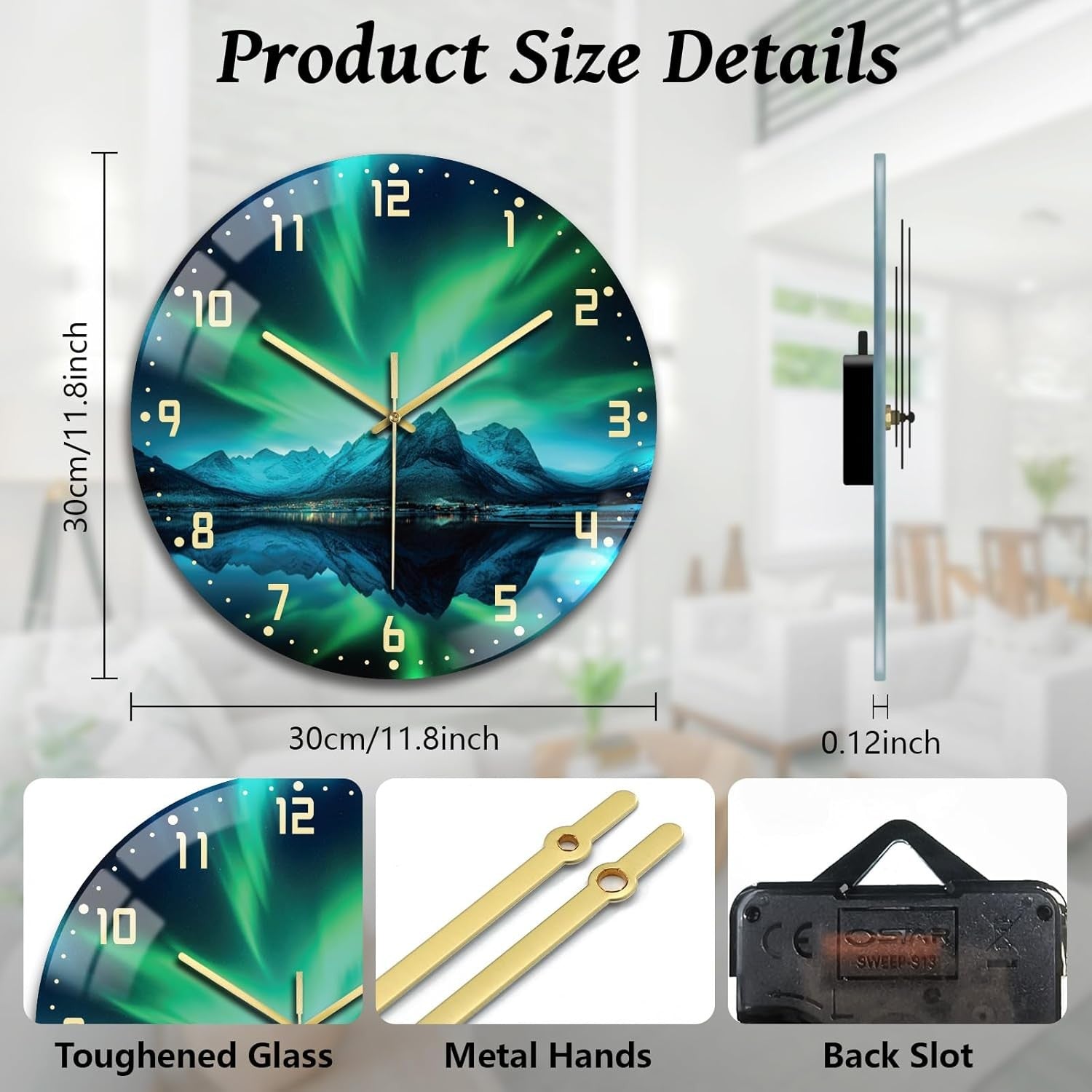30cm Aurora Landscape Wall Clock – Silent Non-Ticking Glass Art Design