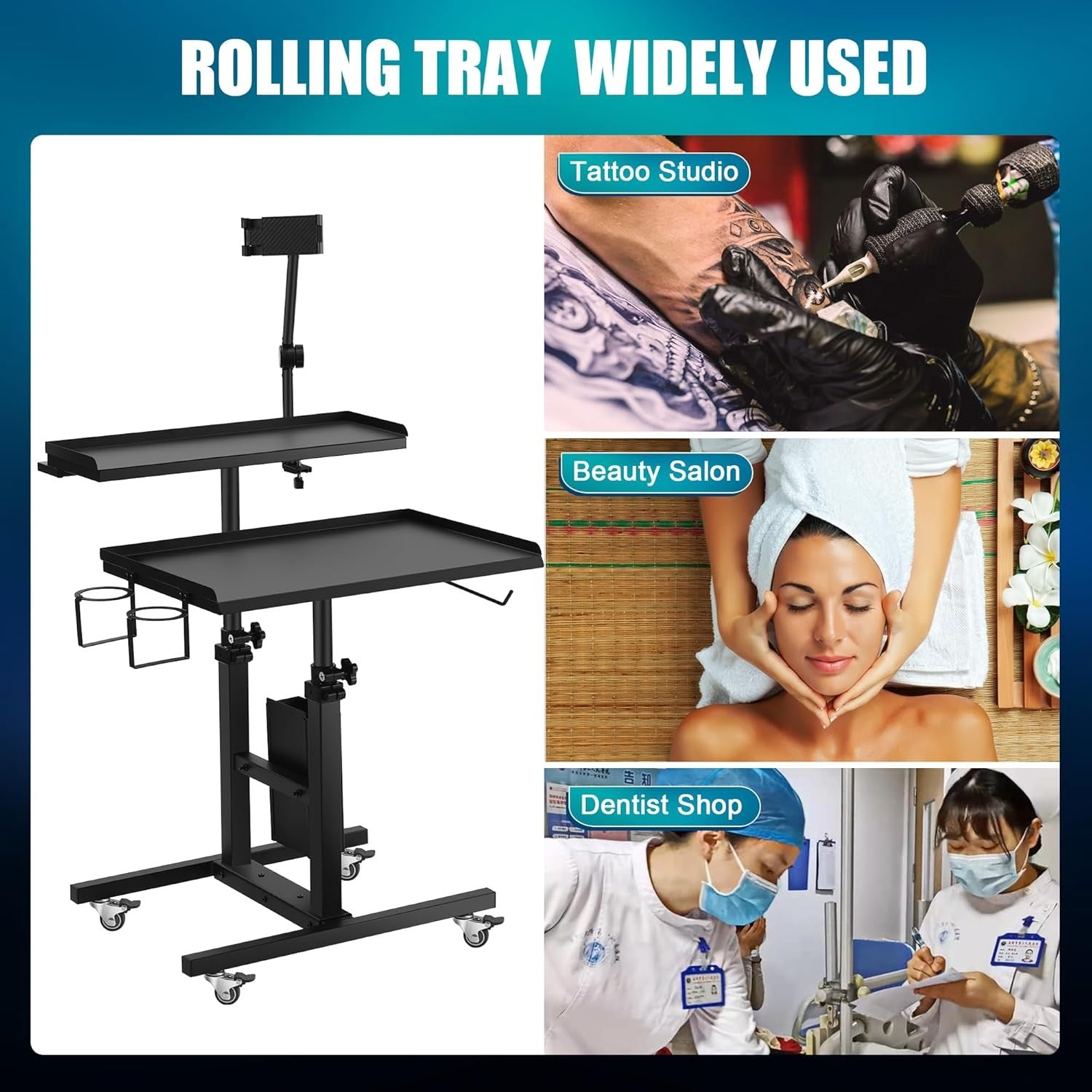 Double Tier Tattoo Tray Workstation Adjustable Rolling Cart with Wheels