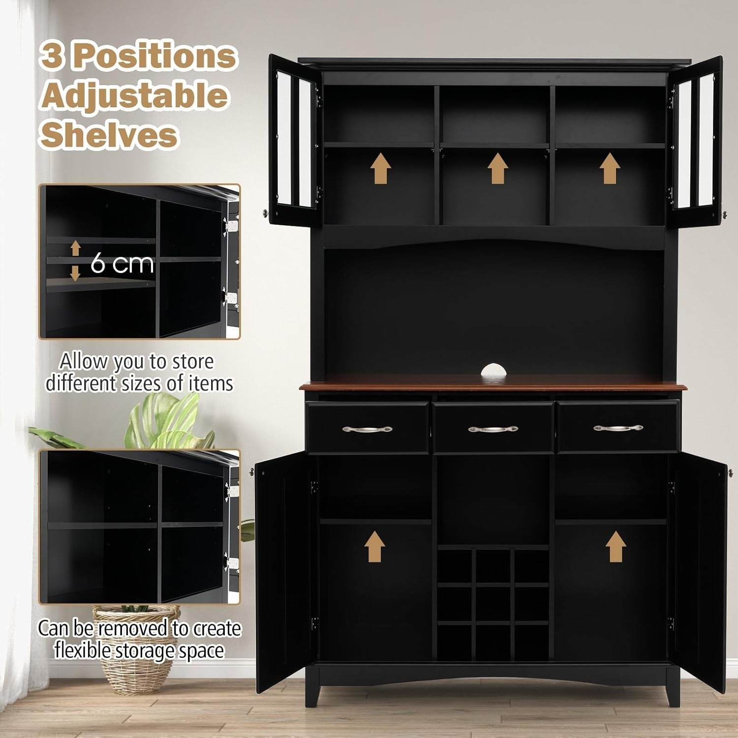 Black Tall Kitchen Storage Cabinet Buffet Cupboard with Drawers & Wine