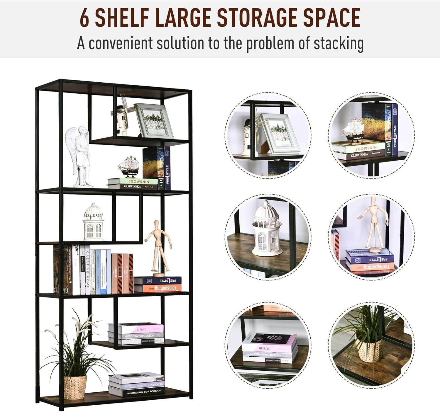 Industrial 6-Tier Bookcase Rustic Brown & Black Tall Metal Frame Display Shelf