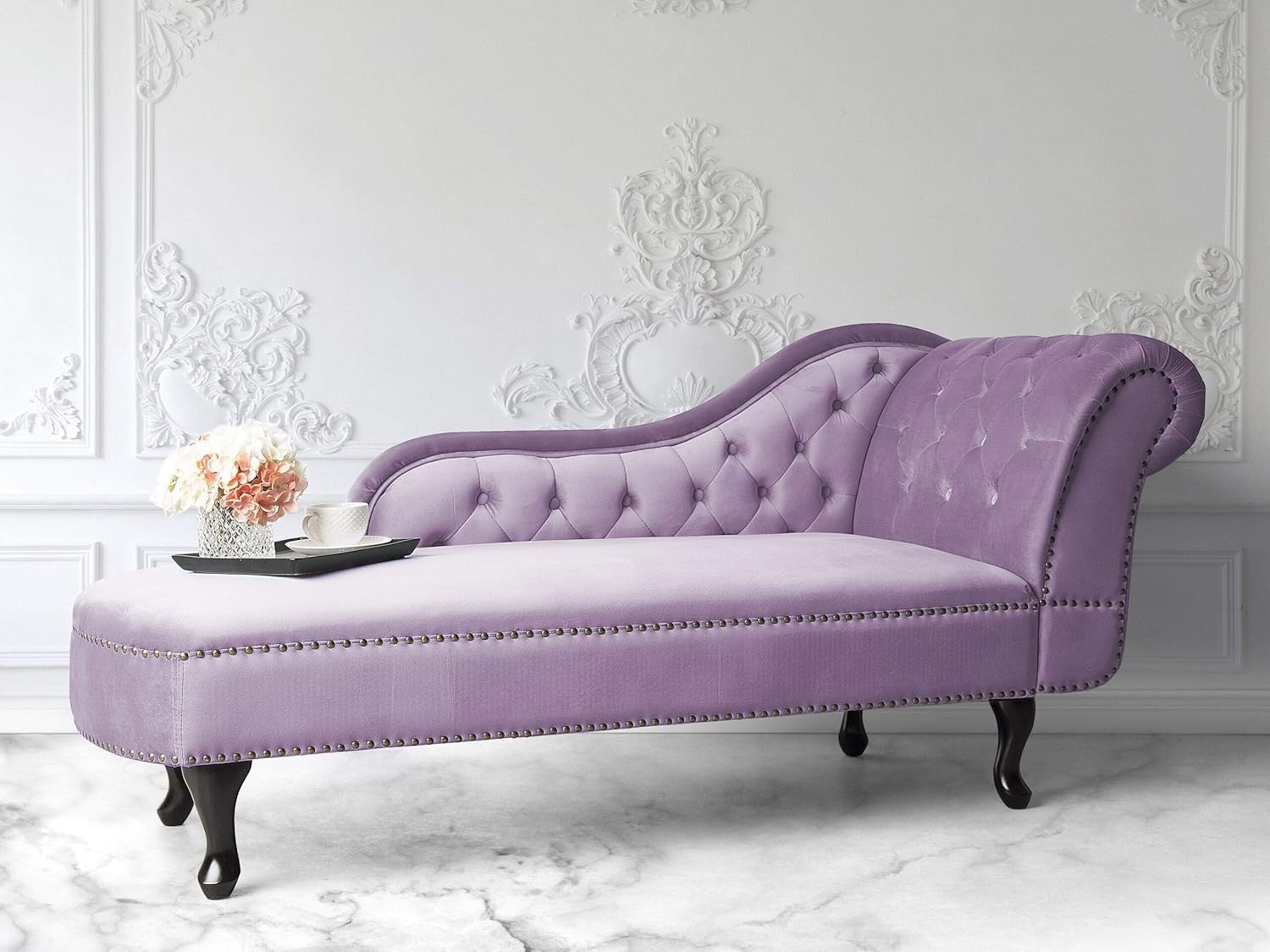 Pink Velvet Right Hand Chaise Lounge Sofa Chesterfield Style Tufted Seat