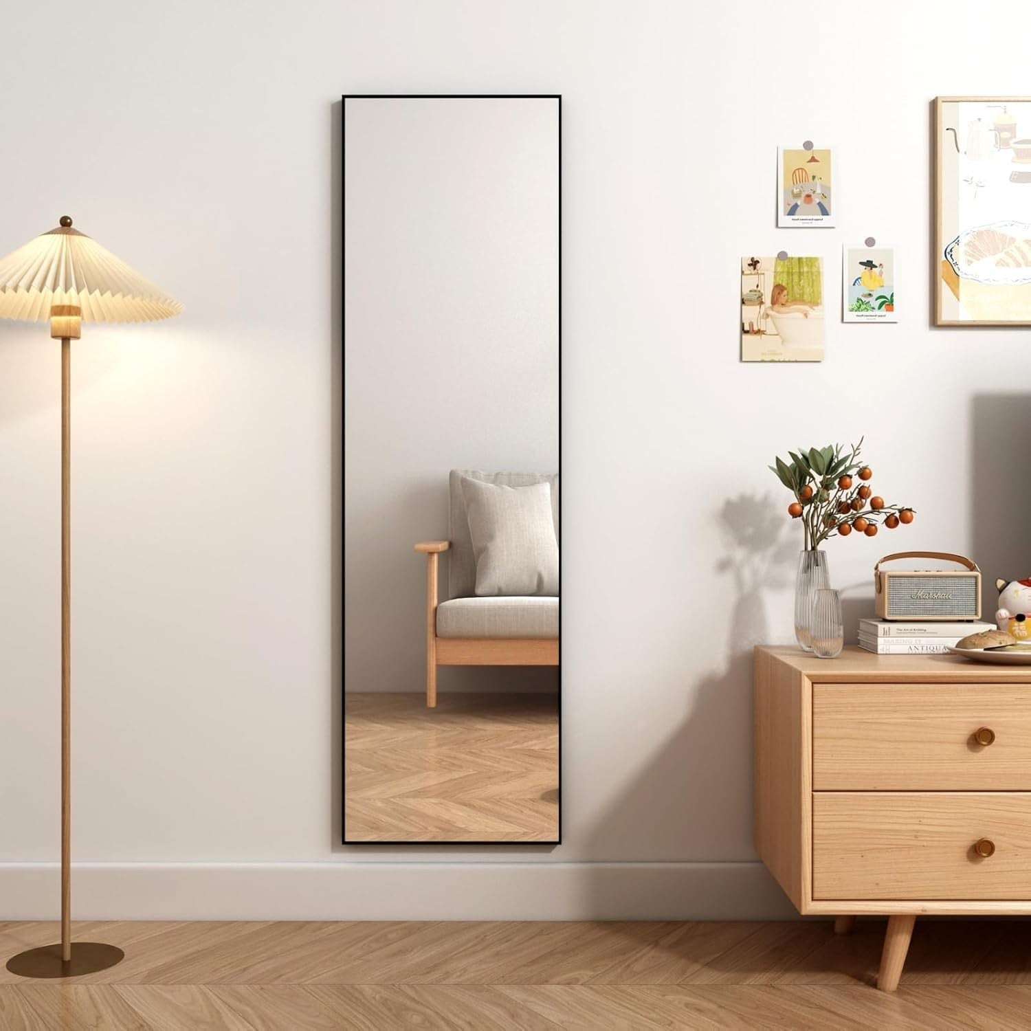 Full-Length Standing Mirror 140x41 cm Black Frame Floor or Wall Mount