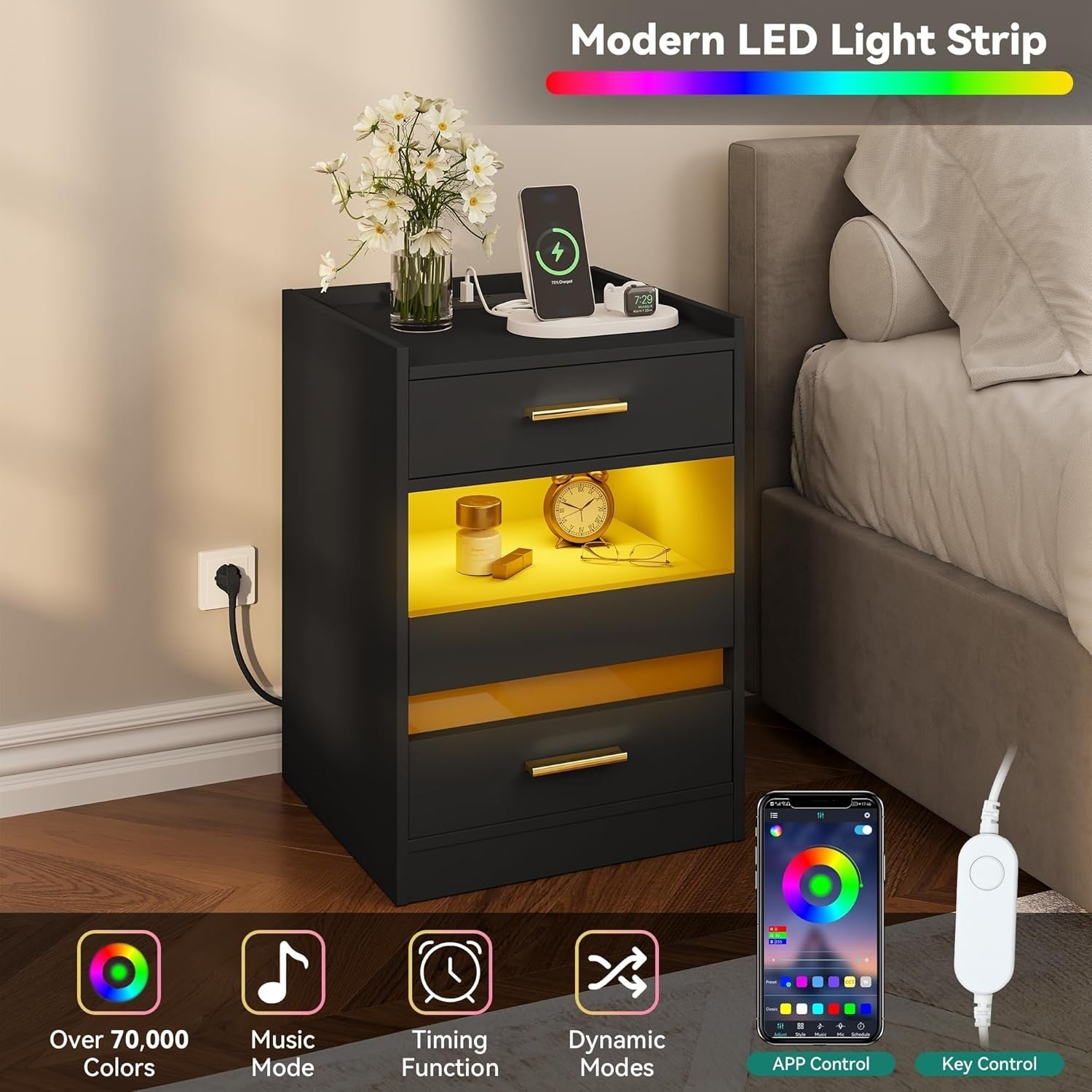 Modern Black LED Bedside Table with 2 Drawers & Tempered Glass