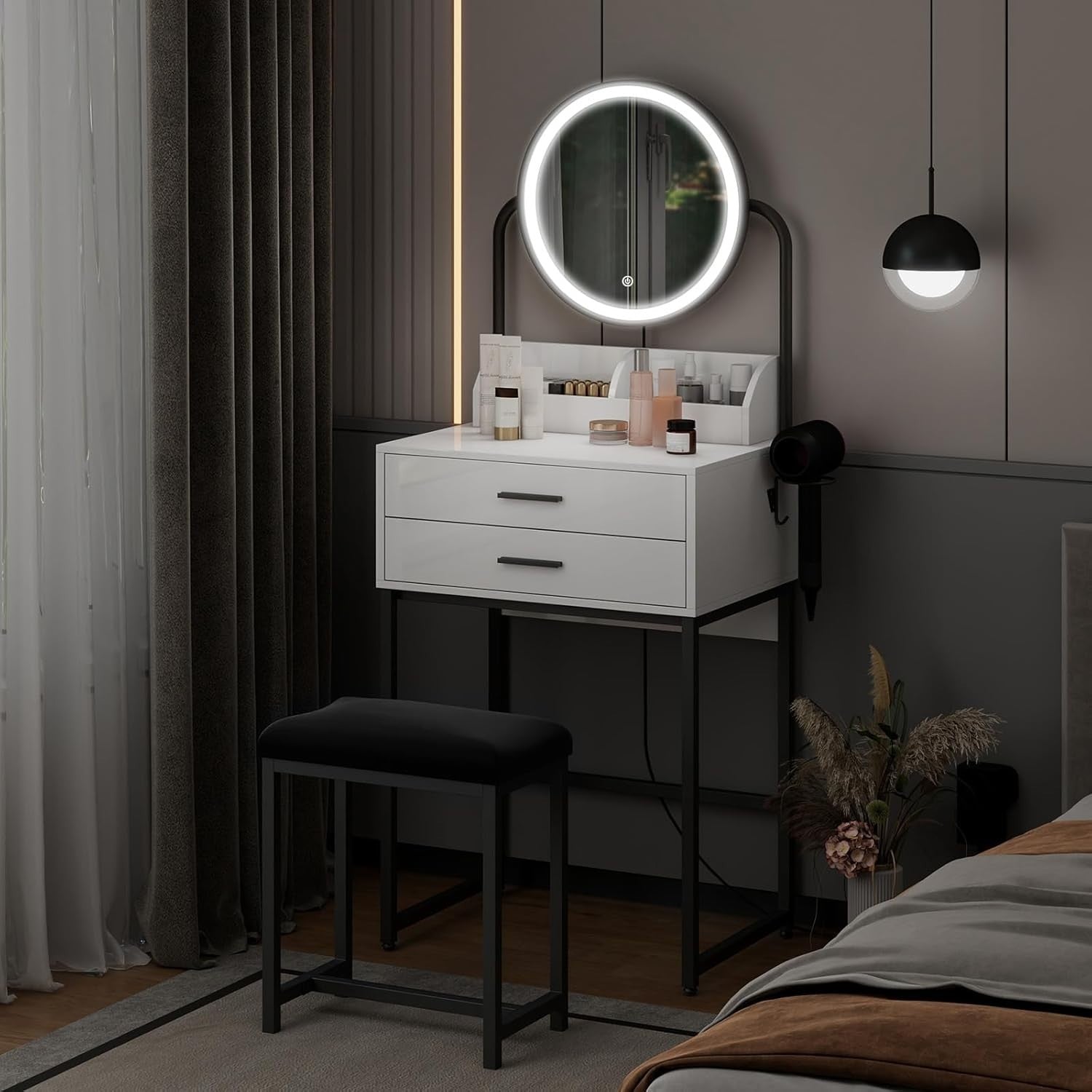 Vanity Makeup Dressing Table with LED Mirror Lights 2 Drawers & Stool White/Gold