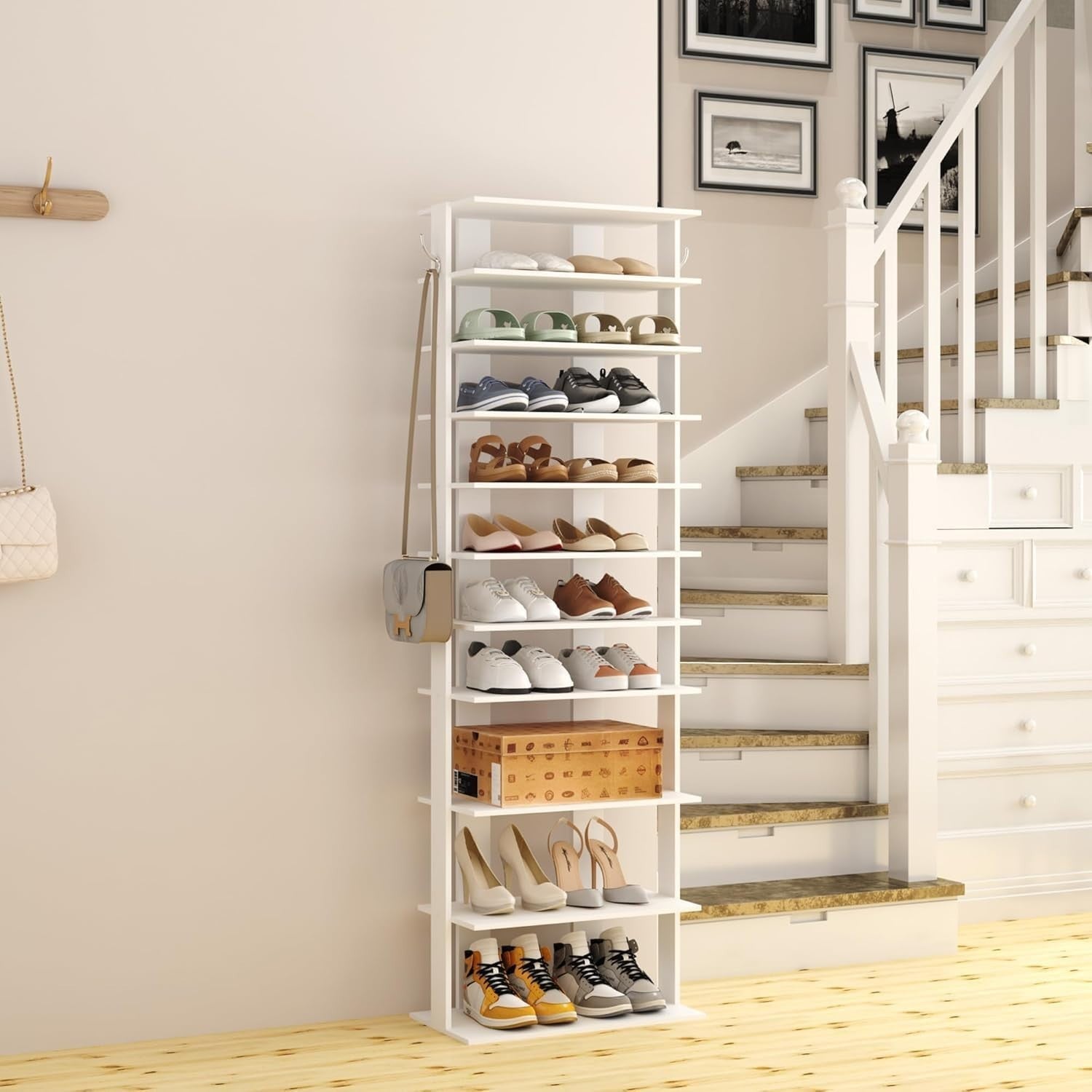 Slim 10-Tier Corner Shoe Rack with Double Rows – Holds 14 Pairs, Space-Saving