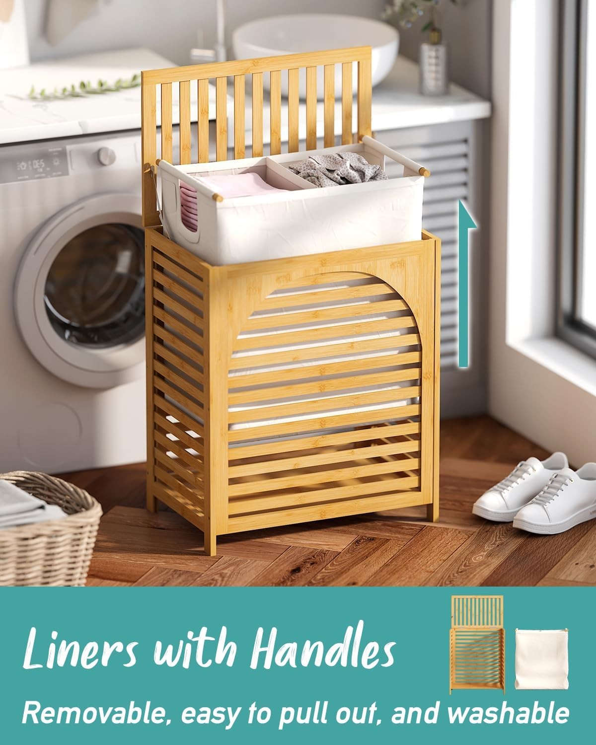 Natural Bamboo Laundry Hamper XL 103L with Lid & Removable Liner | Ventilated Ba