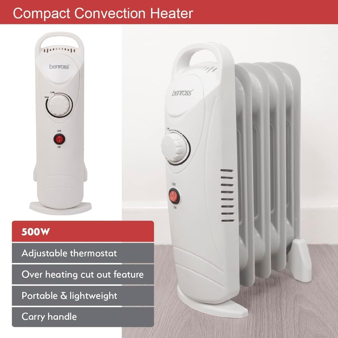 Mini 5-Fin Oil Filled Radiator 500W Low Energy Portable Heater White