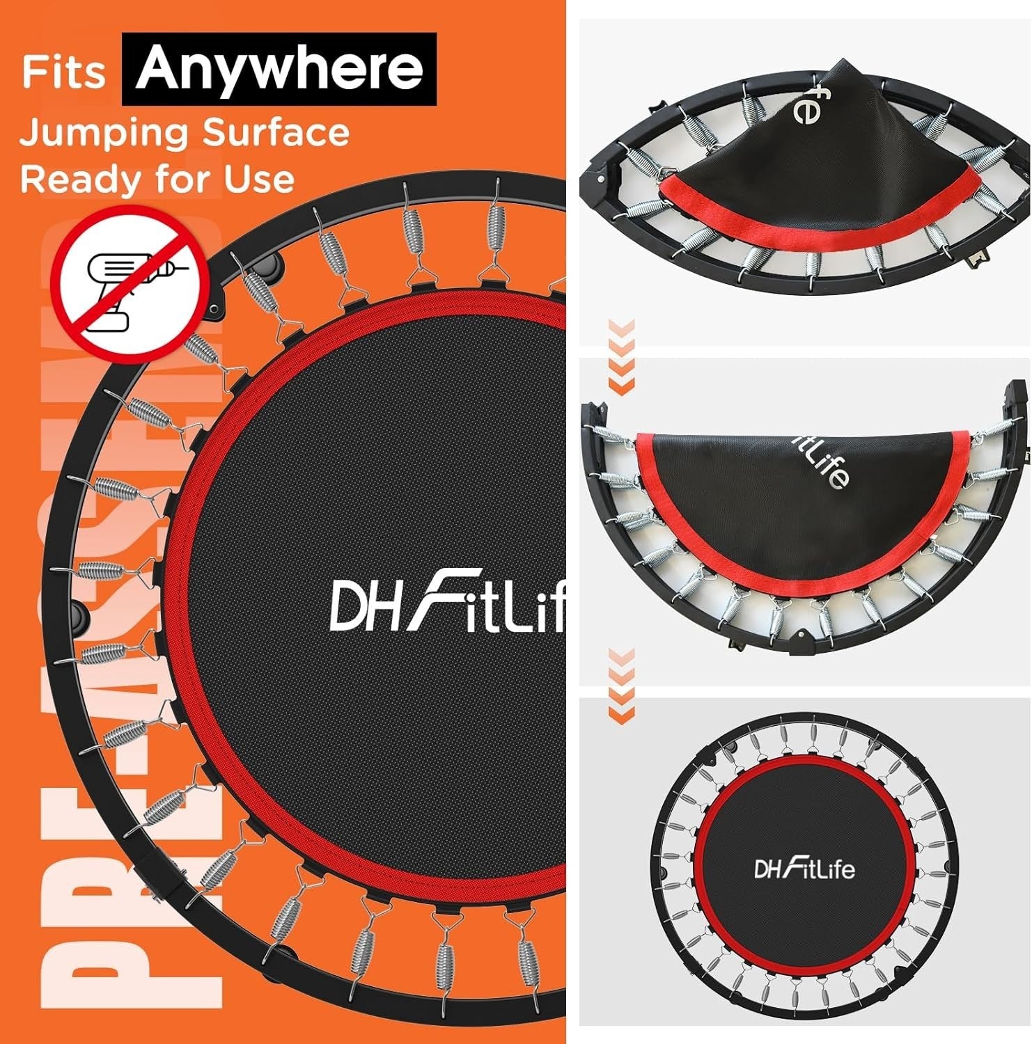 40” Foldable Fitness Trampoline Indoor Rebounder w Adjustable Handle 150KG