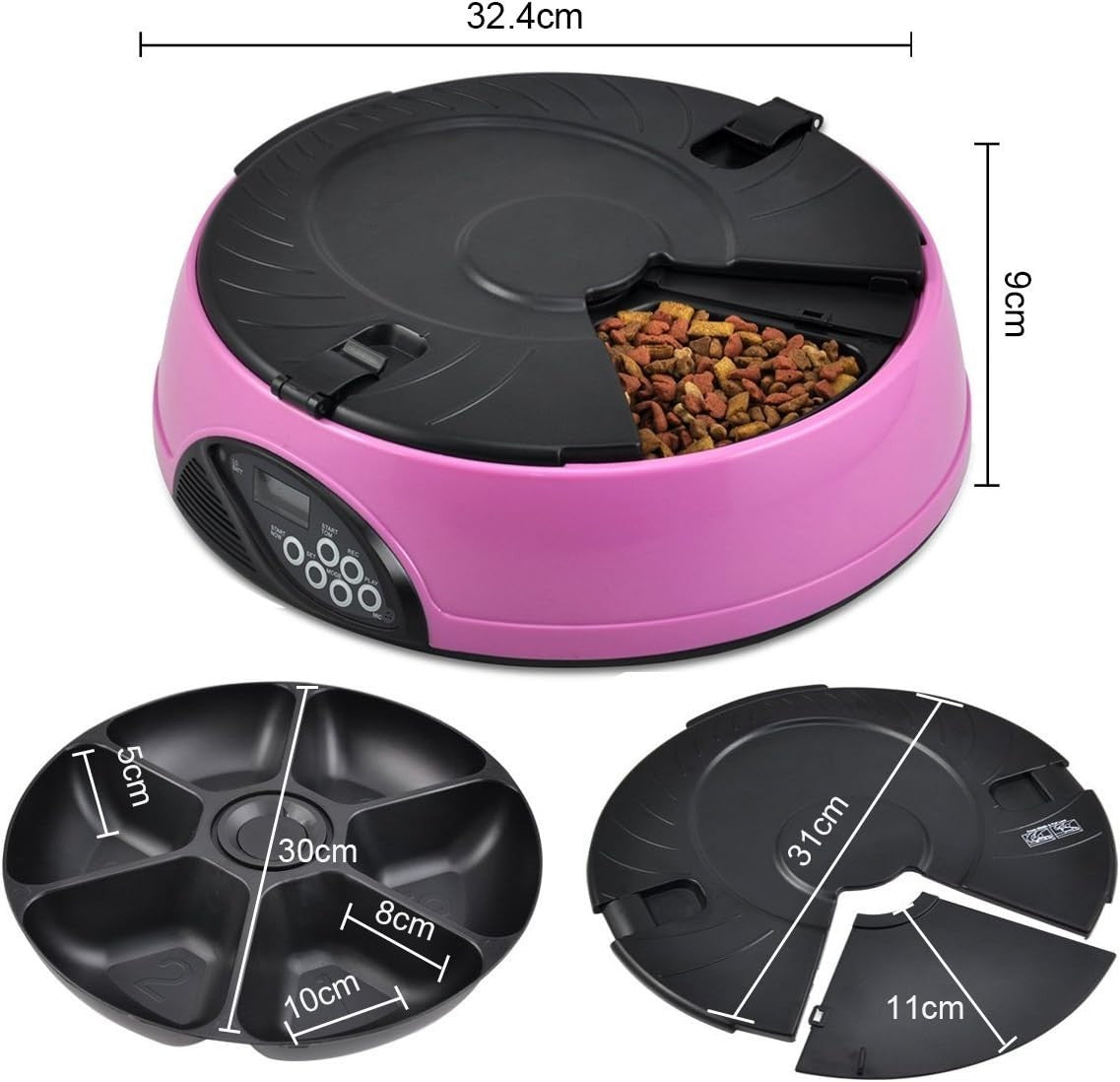 Automatic Pet Feeder 6 Meal Programmable Food Dispenser Voice Recorder Pink