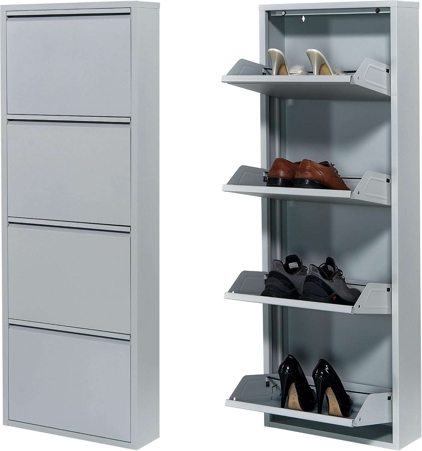 Slim Wall Mounted Shoe Cabinet 4-Tier Metal Storage Rack 138cm Grey