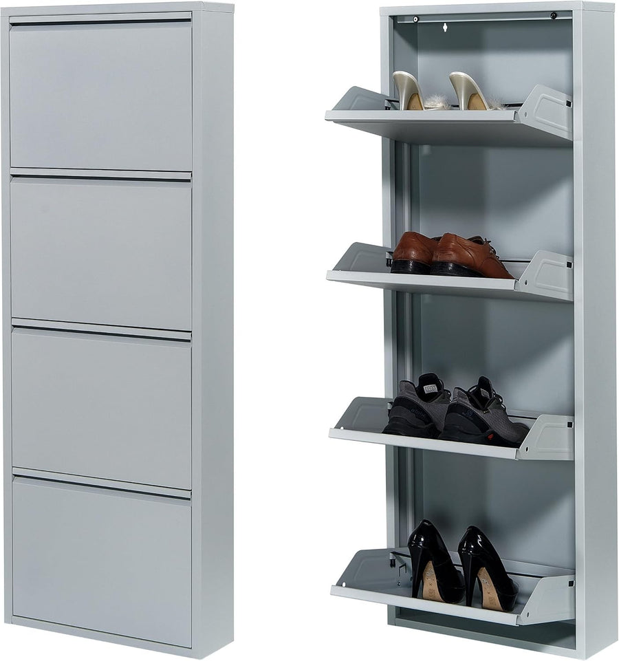 Slim Wall Mounted Shoe Cabinet 4-Tier Metal Storage Rack 138cm Grey