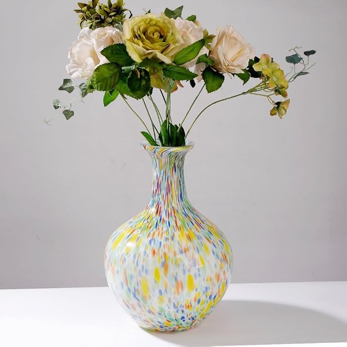 Hand Blown Colorful Glass Vase 12.5in Round Art Decor Wide Mouth