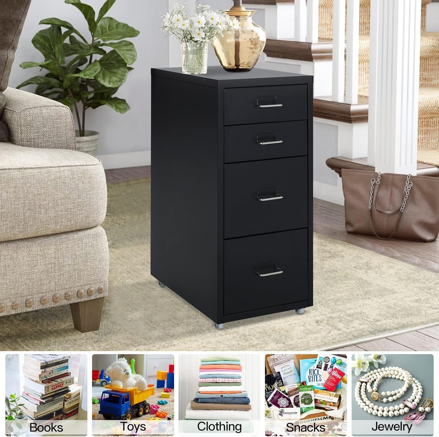 Slim Metal Rolling File Cabinet 4 Drawer Mobile Office Storage Black