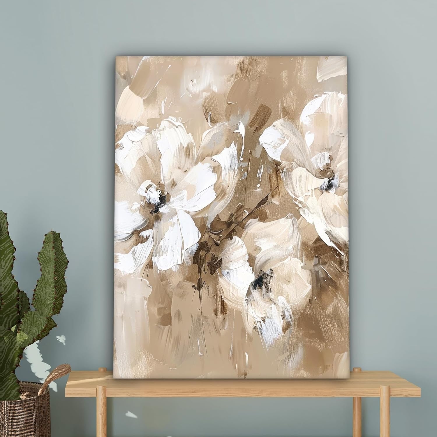 Beige Floral Canvas Wall Art 50x70cm Framed Watercolour Decor